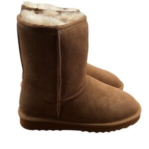 Quince Australian Shearling Mid Calf‎ Boot Tan Winter Boots with Gray Lining 10M